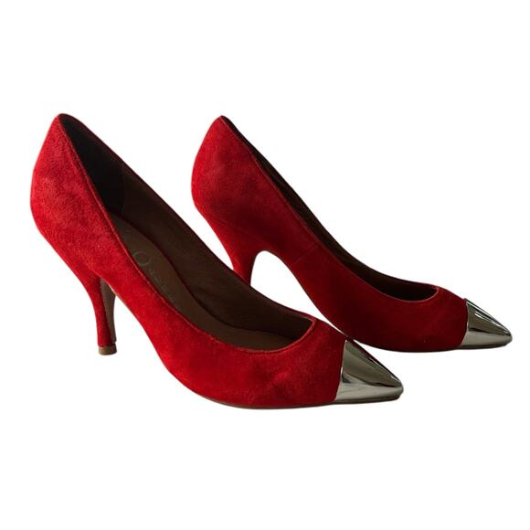 Jeffrey Ibiza Last Campbell Women’s Size 6‎ Flava Red Suede Pump With Silver Tip - Picture 1 of 7